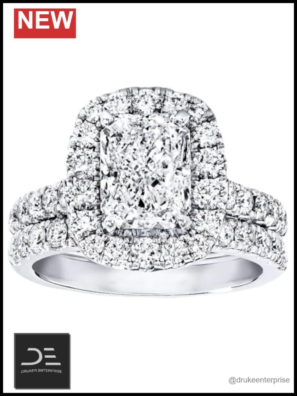 Bridal Set 3-1/3 CT Radiant Cut Moissanite Engagement Rings Platinum Plated